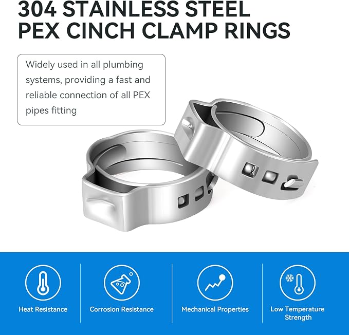 200 Pack 3/4 Inch Pex Cinch Clamp Rings, Premium 304 Stainless Steel PEX Crimp - Image 3