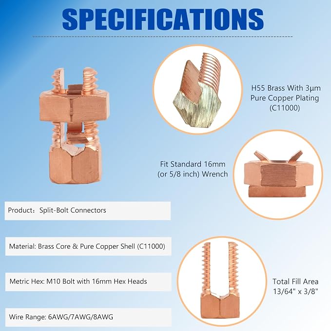 Split Bolt Connectors 16-Pack, Copper Grounding Clamps - Image 3