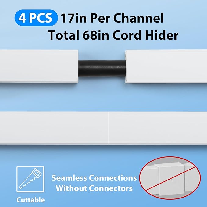ZhiYo 68" Cord Hider for 1 Cable, Small Black Wire Covers, 0.6" W x 0.4" H | - Image 5