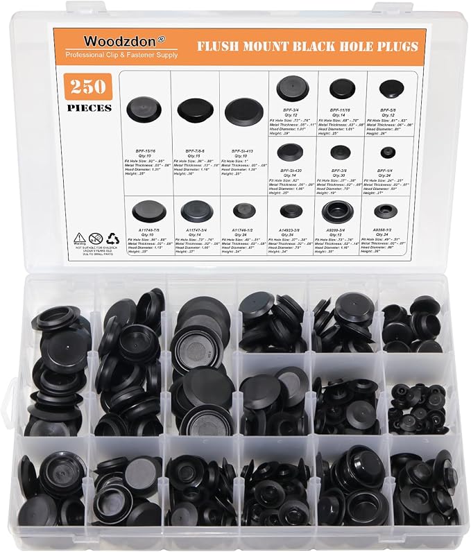 250pcs Auto Body Black Plastic Hole Plug Button and Flush Mount Sheet Metal by Woodzdon