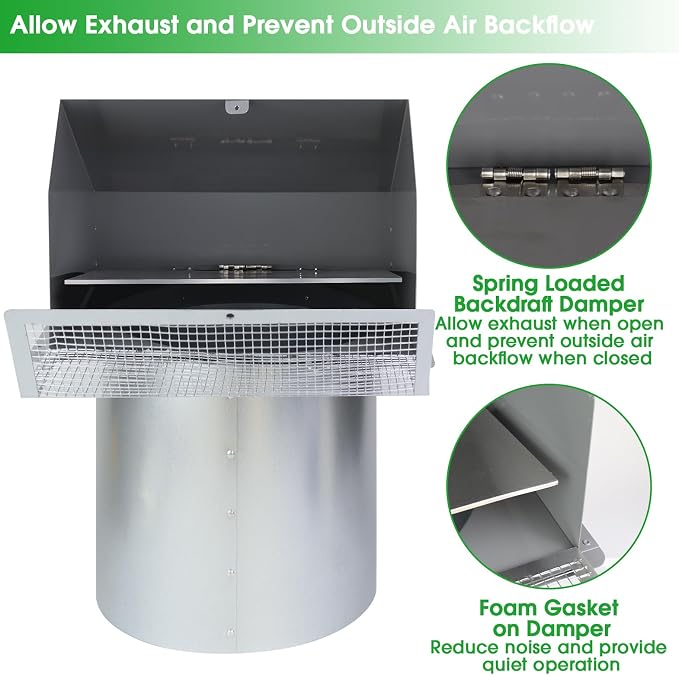8 Inch Hooded Wall Vent with Screen and Damper, Wall Exhaust Vent Cover Cap - Image 4