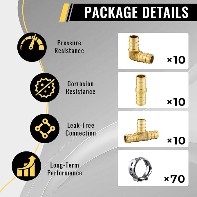 100 Pack Foskan 3/4 Inch PEX Barb Crimp Fittings Set | 10 Pieces Each:Elbow - Image 3