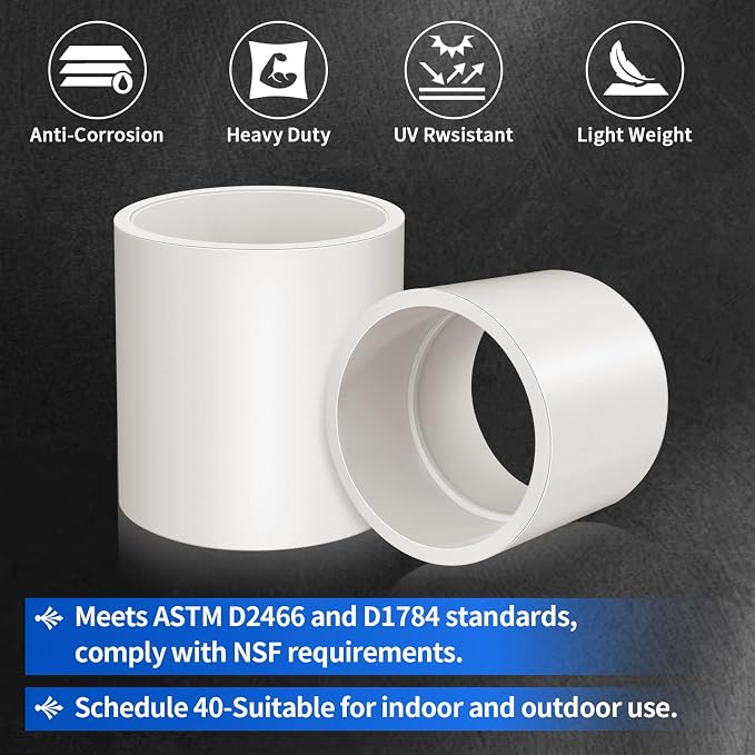 2Pcs White 3 inch PVC Coupling, Socket x Socket, Furniture Build Grade Sch40 - Image 5