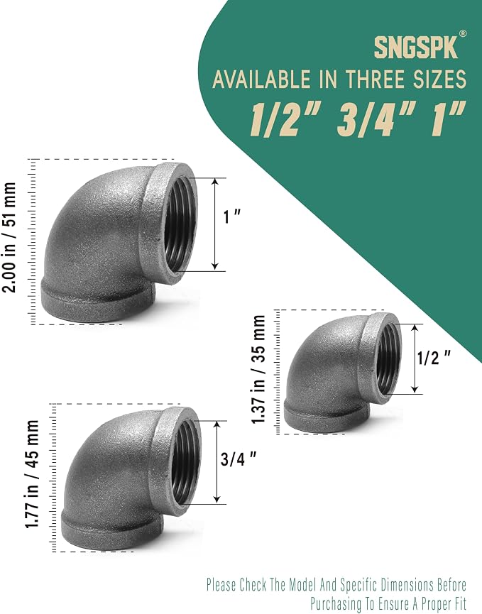 Black Cast Iron 90 Degree Elbow, Female Pipe Fitting, 3/4 Inch Size, - Image 3
