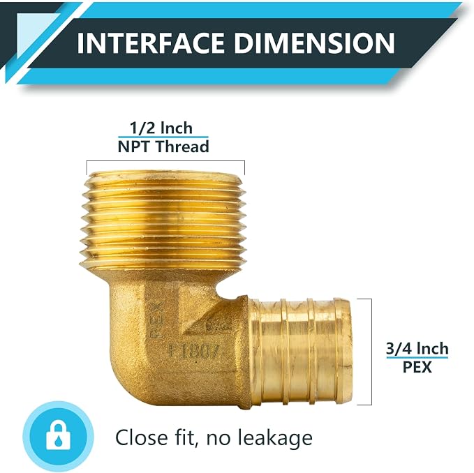 PEX Fittings, Pex 3/4" x 1/2" Male Threaded NPT Elbow Adapter, Brass Crimp - Image 2