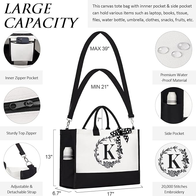 Personalized Mothers Day Gifts for Women, Initial Canvas Tote Bag & Makeup Bag - Image 6