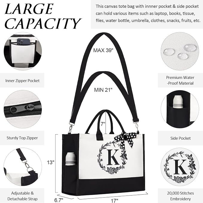 Personalized Mothers Day Gifts for Women, Initial Canvas Tote Bag & Makeup Bag - Image 6
