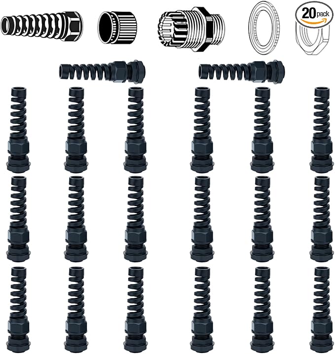 20 Pcs PG9 Cable Gland 4-8mm Nylon Strain Relief Spring IP68 Black PA66 | by Aandxmok