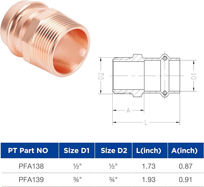 Copper Press Fittings 3/4 inch Press x 3/4 inch Male Adapter 10 Pack - Image 3