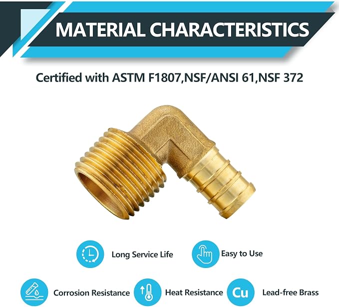 PEX Fittings, Pex 1/2" x 3/4" Male Threaded NPT Elbow Adapter, Brass Crimp - Image 3