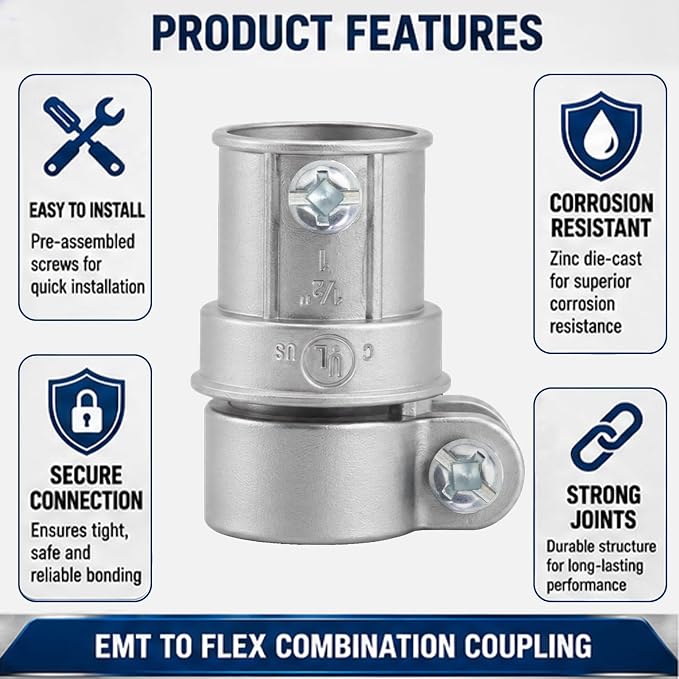 1/2" Squeeze EMT to Flex Coupling, cULus Listed, 20 Pack | Zinc die-cast - Image 3