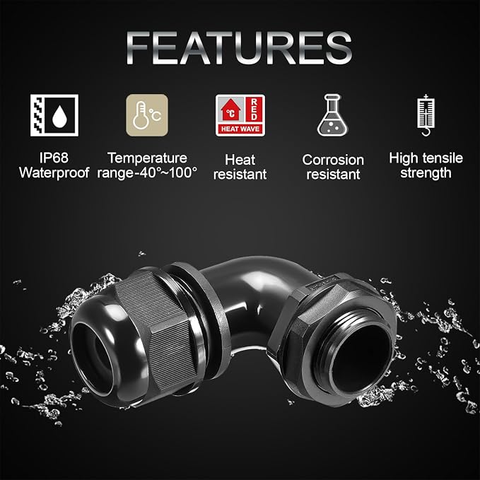 M20 Cable Gland, 90 Degree Adjustable 9-14mm Strain Relief, Cord Connectors - Image 3