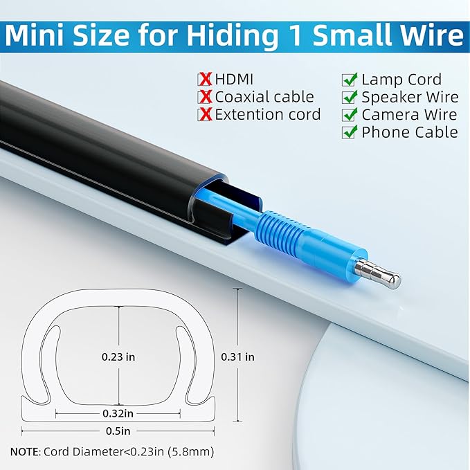 Yecaye 128in Mini Cord Hider, On-Wall Cord Cover, W0.5in H0.31in, Cable - Image 2