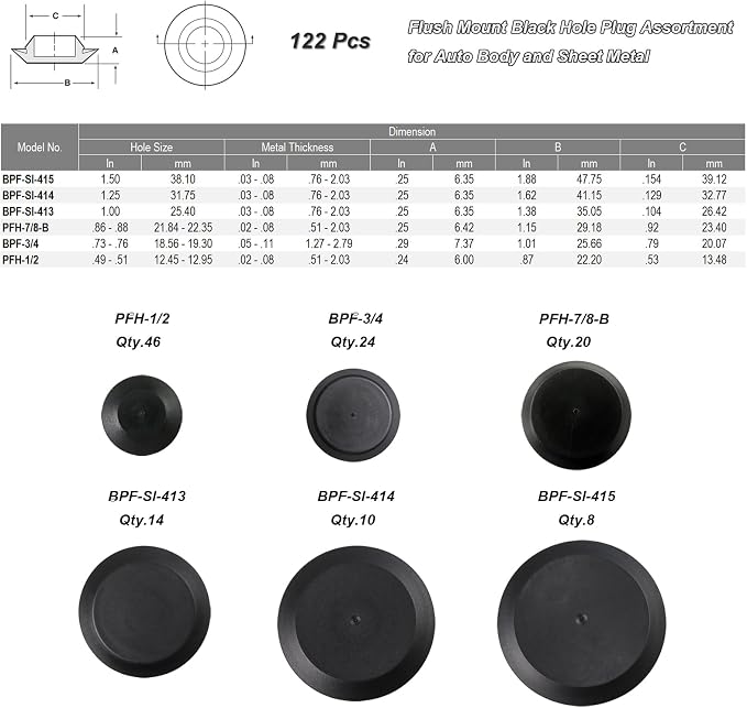 122pcs 6 Kinds Flush Mount Black Plastic Hole Plug Assortment - Image 2
