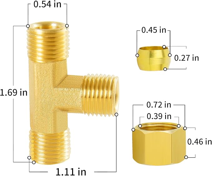 ChillWaves Brass Tee Compression Tube Fitting, 3/8" OD x 3/8" OD x 3/8" OD - Image 3