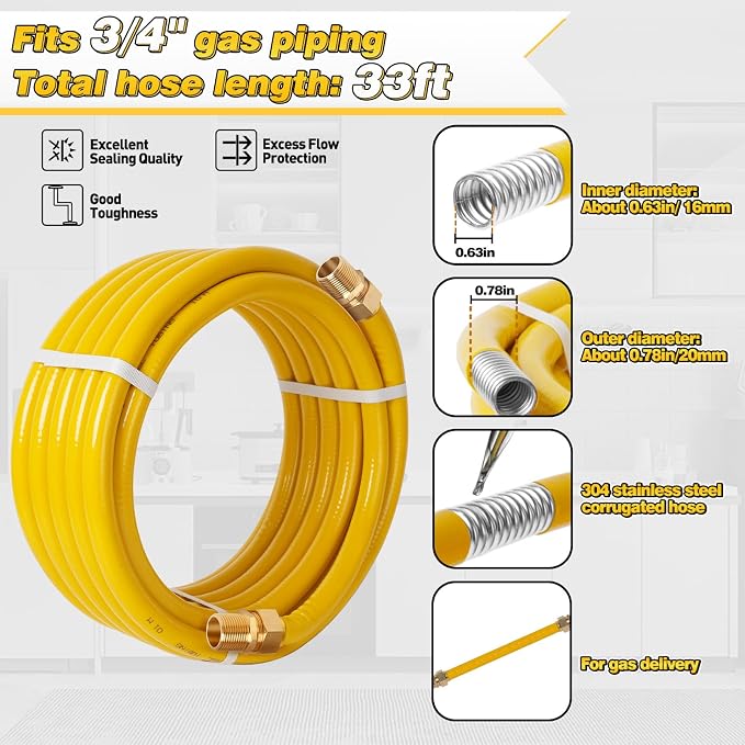 33Ft 3/4" CSST Gas Line, Flexible Stainless Steel Tubing Pipe | Anti-Cracking - Image 2