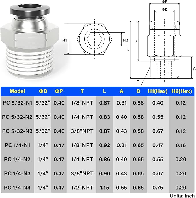 TAILONZ 1/4" Tube OD x 1/2" NPT Male Straight Push to Connect Fitting 20pcs | - Image 2