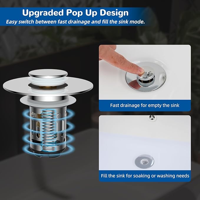Hibbent 3 PCS Upgraded 3 in 1 Bathroom Sink Drain Strainer, Pop Up Stopper - Image 6