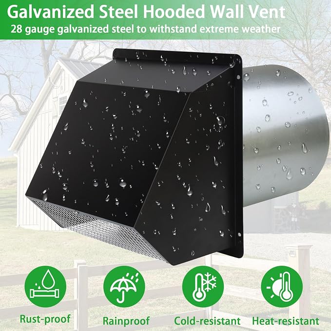 6 Inch Hooded Wall Vent with Screen and Damper, Galvanized Steel - Image 5