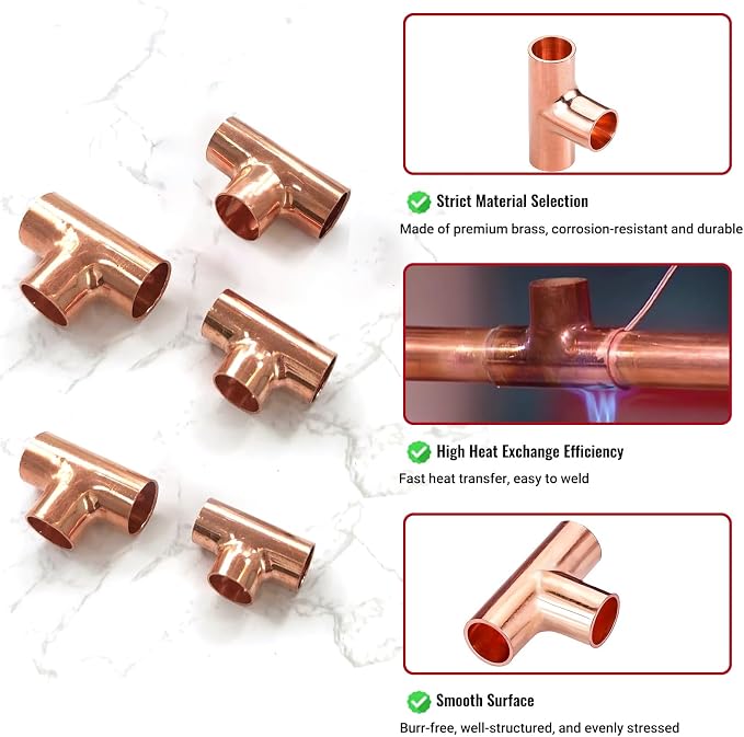 5/8" Copper Tee, Copper Three-Way Fitting Welding Joint, Sweat Solder Connection - Image 4