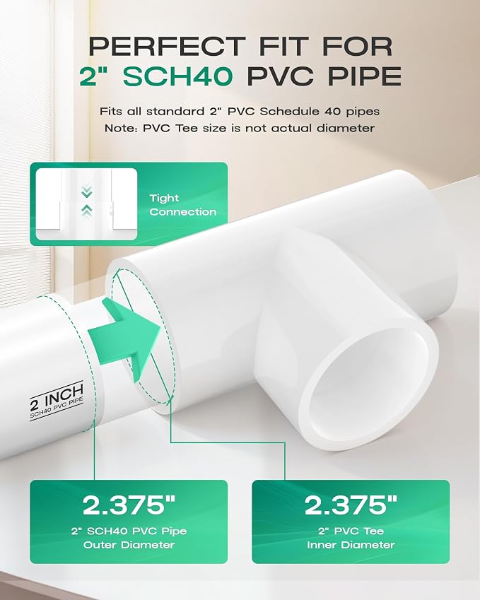 2-Pack 2 Inch PVC Tee Pipe Fittings, 3 Way Socket x Socket, Schedule 40 PVC - Image 3