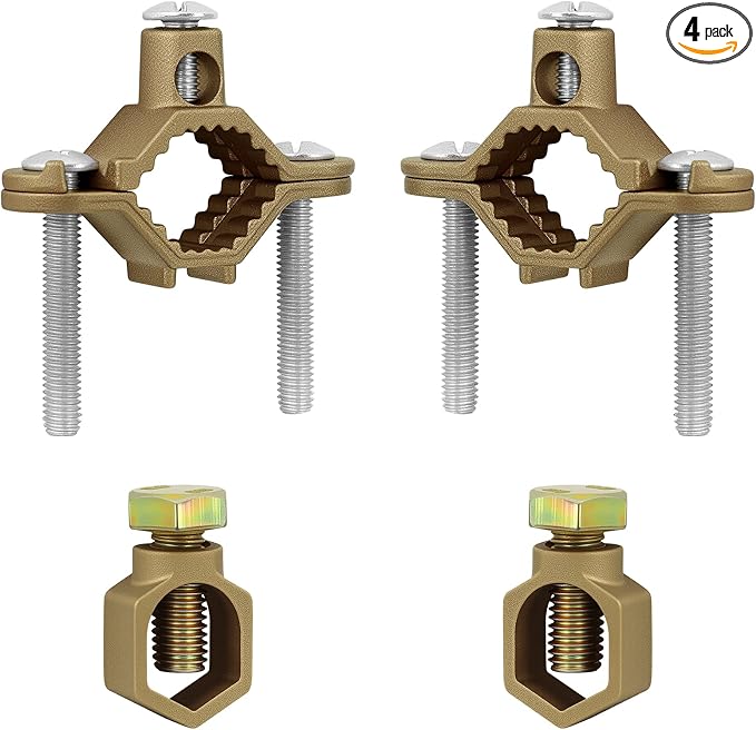 Copper Ground Clamp Set：Grounding Rod：1/2-5/8”&Pipe/Conduit Clamp：1/2-1” | by Prozwee