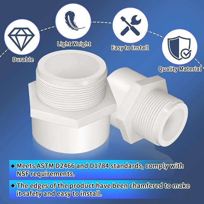 5Pcs White PVC Pipe Fittings, 2inch NPT Male Thread Pipe Fitting Adapter - Image 6