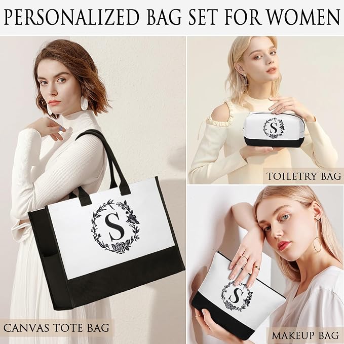 Personalized Mothers Day Gifts for Mom Women, Initial Canvas Tote Bag & Makeup - Image 3