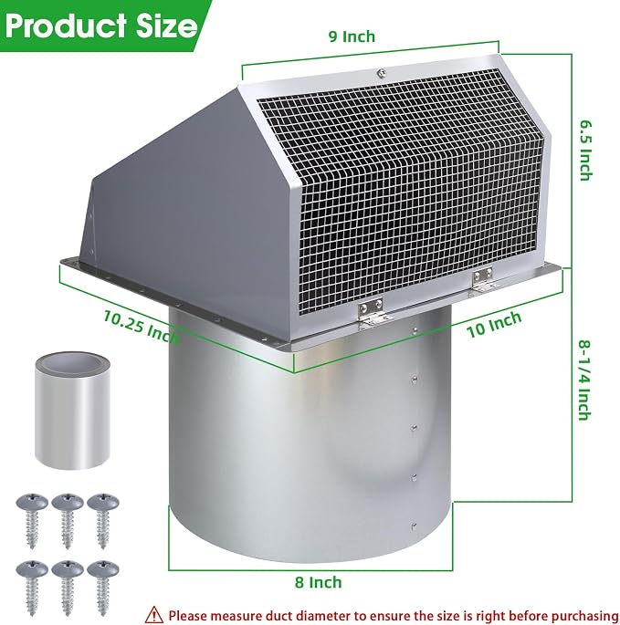 8 Inch Hooded Wall Vent with Screen and Damper, Wall Exhaust Vent Cover Cap - Image 2