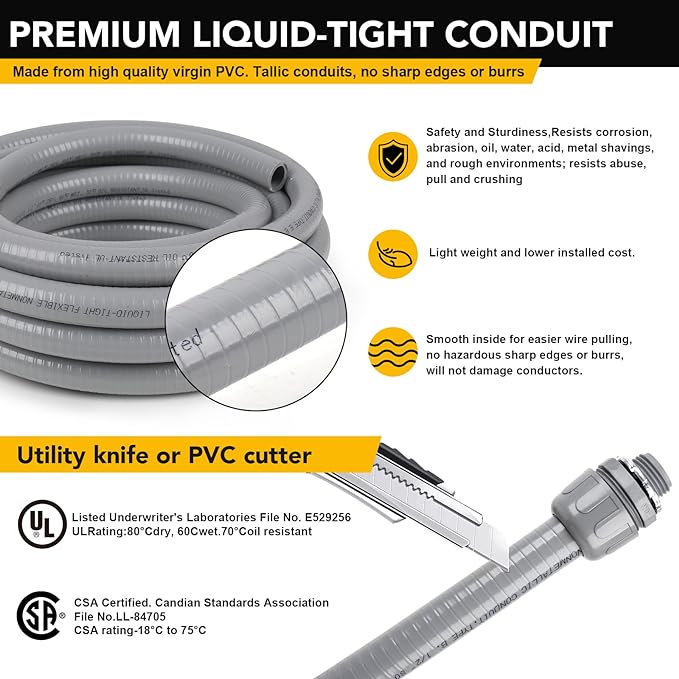 1/2inch 100ft Liquid-Tight Conduit and Connector Kit, Flexible Non-Metallic - Image 3