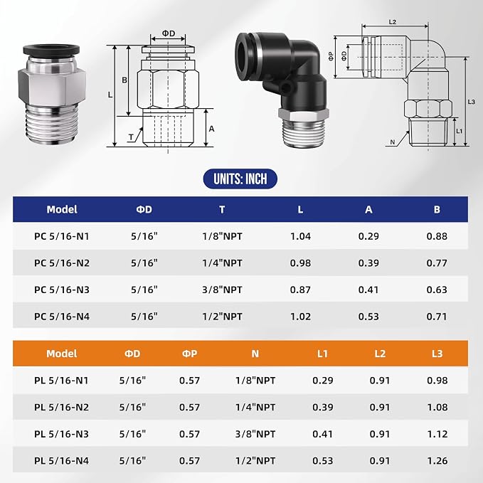3/8 Push to Connect Fittings npt Thread to 5/16 Air Line quick | Pneumatic - Image 2