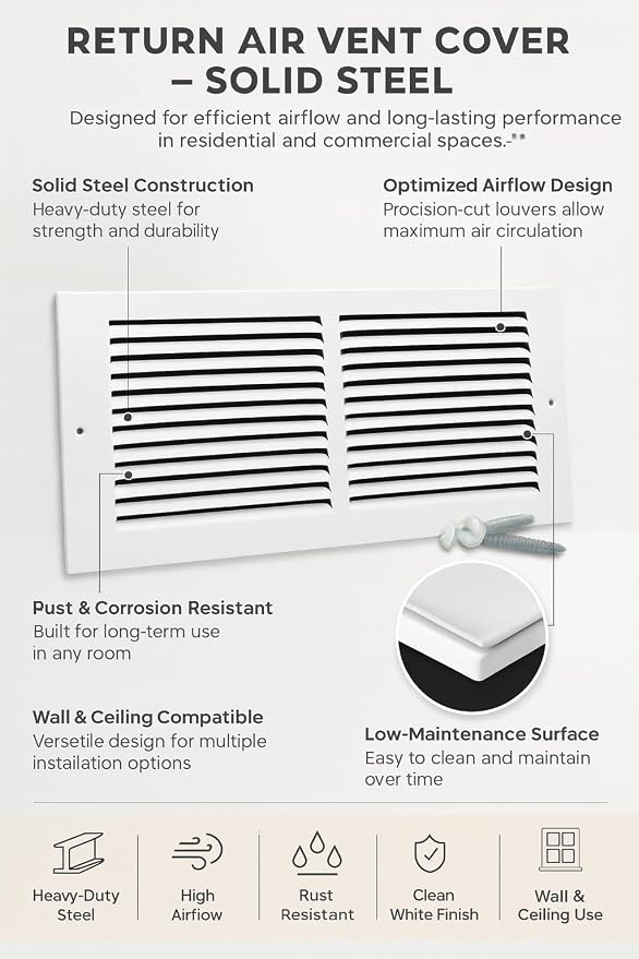 14x08 Air Return Vent Cover, Solid Steel White, 20 Pack - Image 6