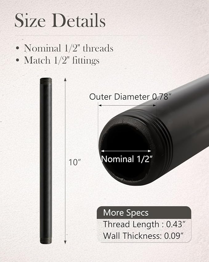 10 Pack 1/2 Inches x 10 Inches Black Malleable Steel Nipples Fitting, DIY - Image 3