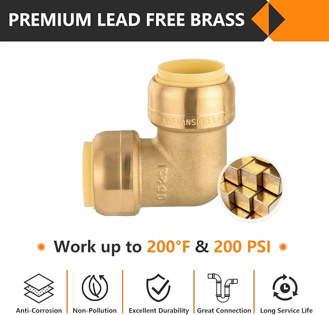 6PC HeSun 3/4" x 3/4" Push-fit 90 Degree Elbow | Brass Push-to-Connect Plumbing - Image 3