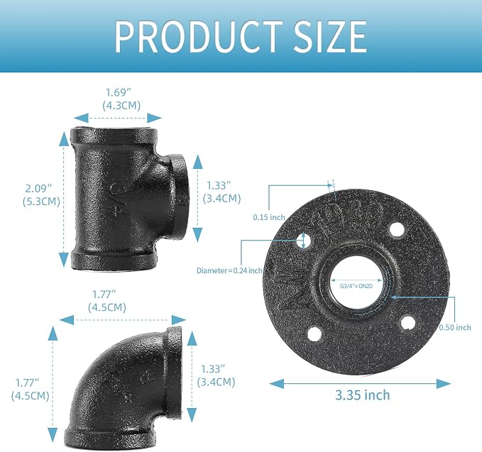 3/4"Black Pipe Fitting, Home TZH 30 Pack Floor Flange/Elbow/Tee Combo - Image 2