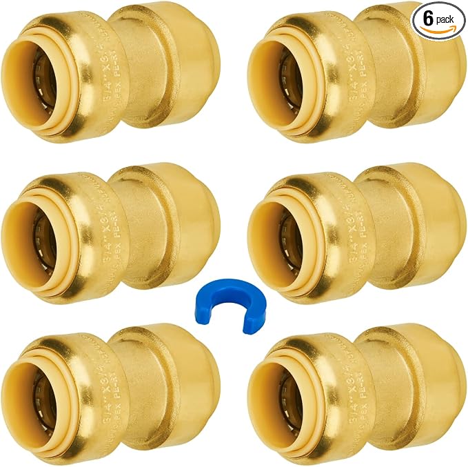 6-Pack Straight Coupling, 3/4 Inch Push PEX Fittings, Brass | Push to Connect by SUNGATOR