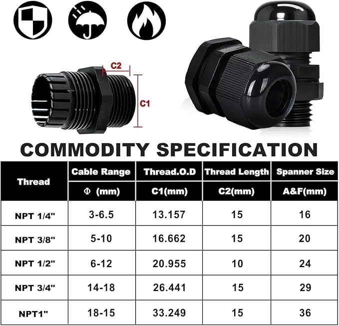 12 Pcs 3/4" NPT Black Adjustable Cable Glands - Image 2