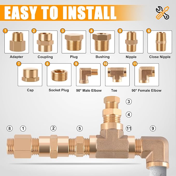 156PCS Brass Pipe Fittings Kit, 1/8" 1/4" 3/8" 1/2" 3/4" NPT | Brass Fitting - Image 5