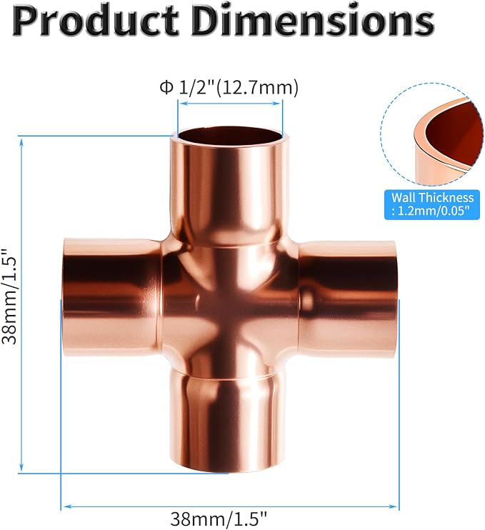 2 Pcs Union Cross Copper Fitting, 1/2 In, ID 12.7 mm, Wall 1.2 mm | Cupreous 4 - Image 2
