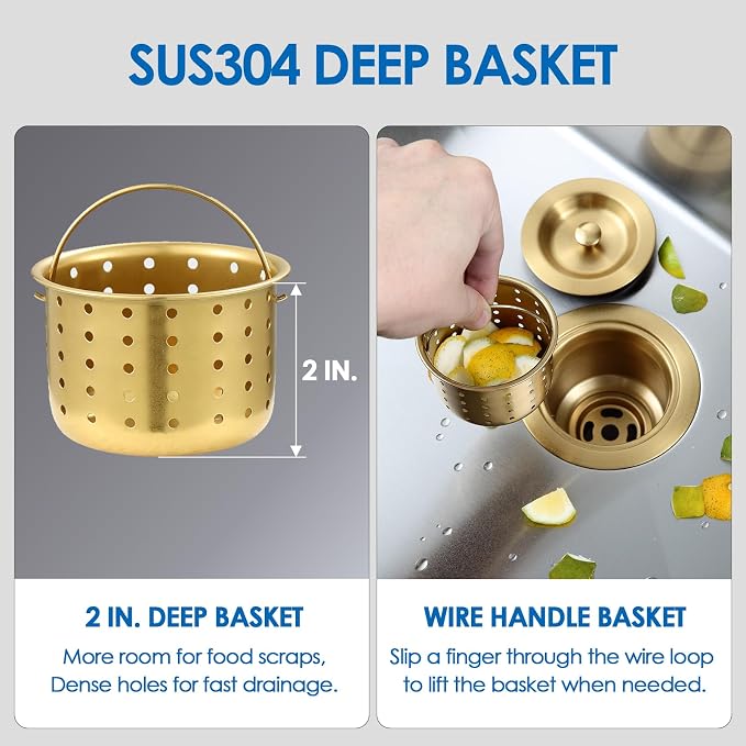 ROVOGO Kitchen Sink Drain Assembly Gold, Removable Deep Strainer Basket - Image 4