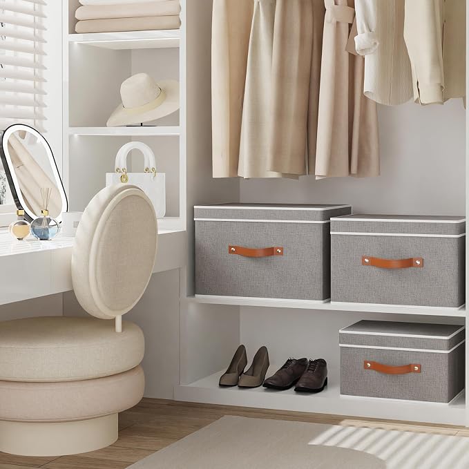 Collapsible Storage Bins with Lids, Linen Foldable Cloth Baskets, 17.7 x 11.8 x - Image 4