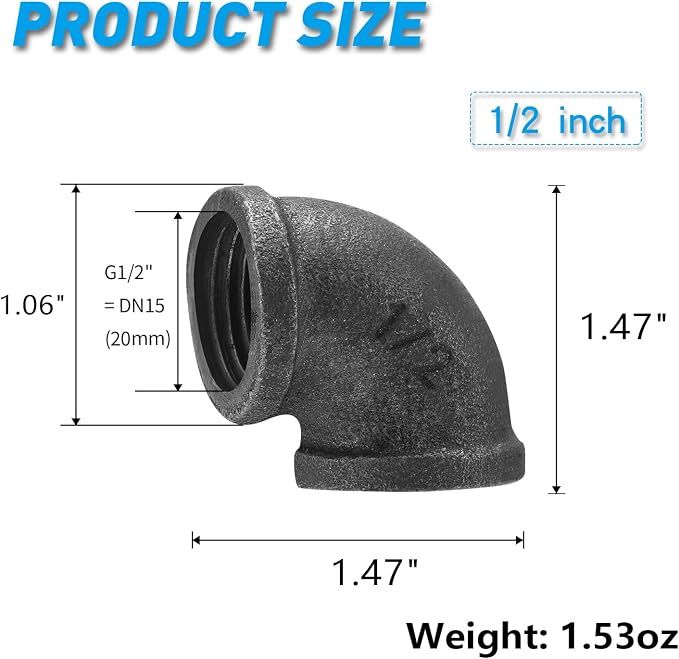 1/2" Threaded Elbow, DN15 Threaded Cast Black Malleable Iron - Image 2