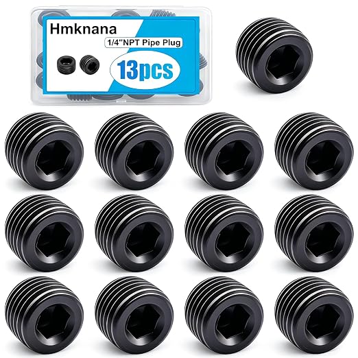 13PCS 1/4"NPT Male Pipe Plug Fitting Black Carbon Steel Pipe Plug Set Internal by Hmknana