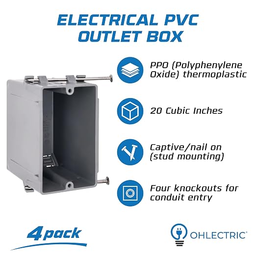 1-Gang New Work Outlet Box, 20 Cubic Inch Single Gang PVC Electrical Box - Image 2