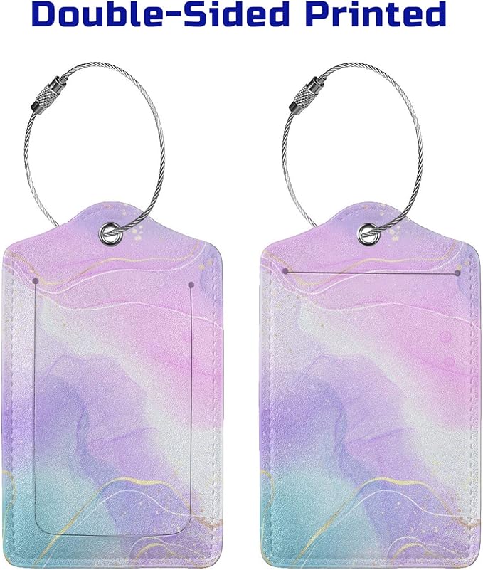 Pink Luggage Tags 2 Pack for Girls Women, Watercolor Light Purple and Cyan Blue - Image 4