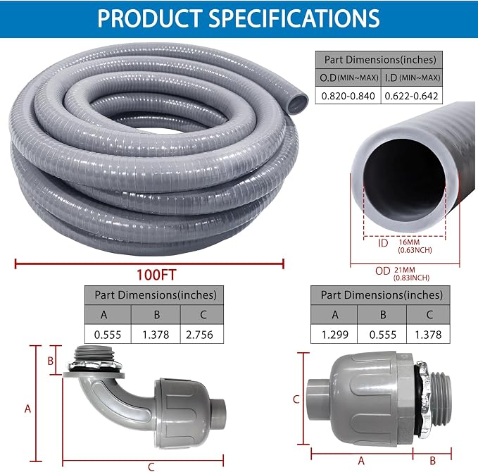 1/2inch 100ft Liquid-Tight Conduit and Connector Kit, Flex Conduit | Flexible - Image 2