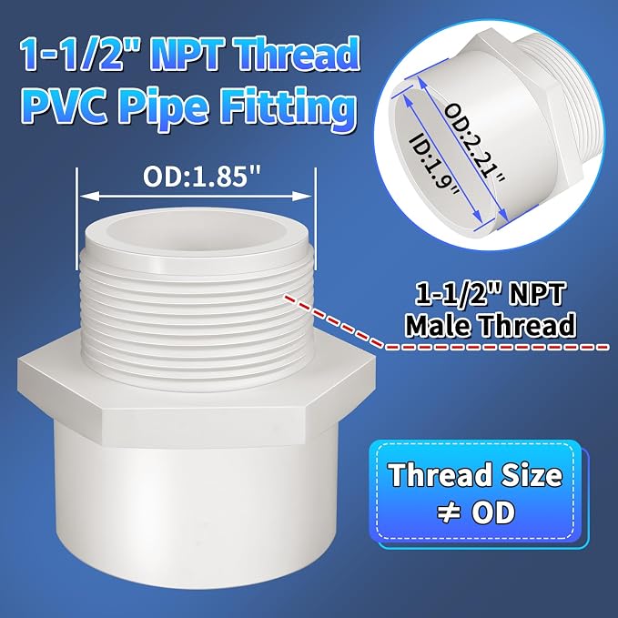 5Pcs White PVC Pipe Fittings, 1-1/2inch NPT Male Thread Pipe Fitting Adapter - Image 2