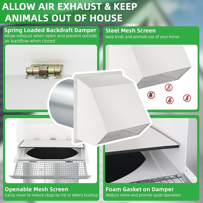 7Inch Hooded Wall Vent with Screen and Damper, Galvanized Steel Exhaust Vent - Image 4