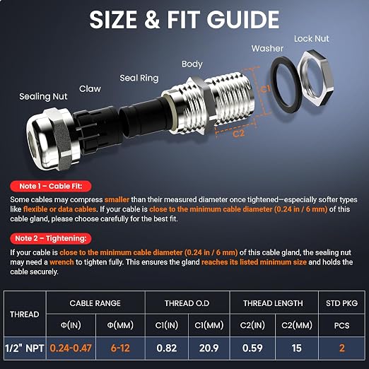 QILIPSU 2pcs 1/2" NPT 304 Stainless Steel Cable Gland Waterproof IP68 Metal - Image 5
