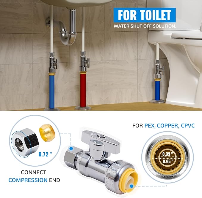 Straight Stop Valve, Water Shut Off Valve 1/2" x 3/8" Comp, Toilet Water Shutoff - Image 2